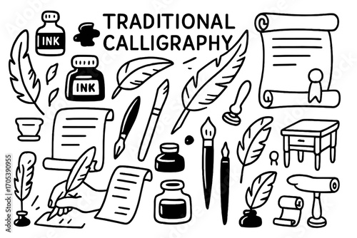 Traditional Calligraphy Tools. Hand-drawn doodle illustration Traditional calligraphy with ancient tools feather quill, ink pot,