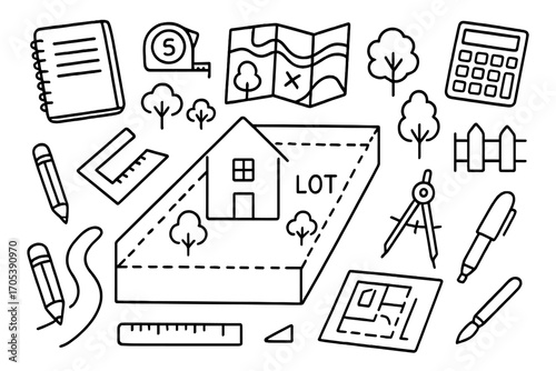 Real Estate Doodle Blueprint. Hand-drawn doodle illustration real estate area planning land plot, house, map, fence, trees, roads,