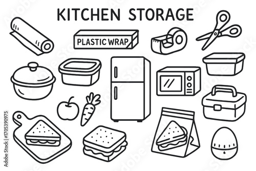 Kitchen Storage Doodles. Hand-drawn doodle illustration Kitchen storage using plastic wrap roll of plastic wrap, cling film,