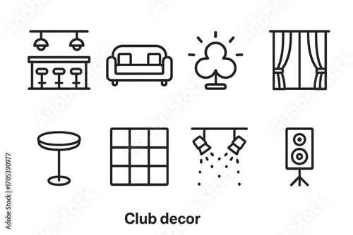 Club Decor Icons. Outline icon set of club decor: bar counter, lounge sofa, neon light, curtain, cocktail table, dance floor tiles