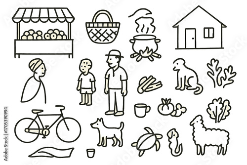 Cultural Doodle Collection. Hand-drawn doodle illustration Namibian everyday life market stall, basket, bicycle, house, woman,