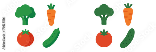Assorted fresh vegetable icons: broccoli, carrot, tomato, cucumber