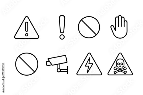 Warning Signs Icons. Outline icon set of warning signs: caution triangle, exclamation mark, no entry, stop hand, forbidden symbol,