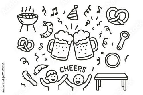 Cheers and Celebration Doodles. Hand-drawn doodle illustration clinking beer glasses beer mug, foam, clinking glasses, bubbles,
