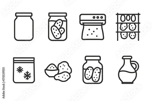 Food Preservation Icons. Outline icon set of food preservation methods: canning jar, pickling jar, vacuum sealer, drying rack,