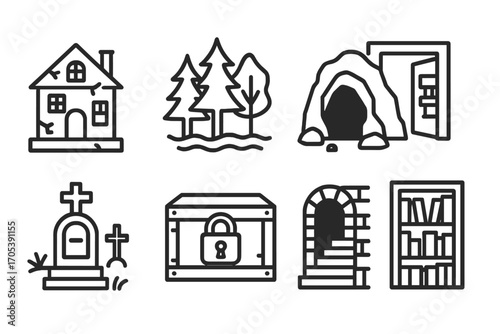 Mystery Places Icons. Outline icon set of mystery places: abandoned house, dark forest, cave, hidden room, graveyard, locked box,