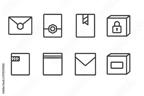 Sealed Package Icons. Outline icon set of sealed packages: sealed envelope, wax seal, security tape, locked box, tamper-evident