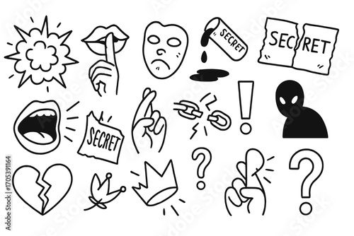 Secrets and Charms Doodles. Hand-drawn doodle illustration explosive secrets explosion icon, whispering lips, broken mask, spilled