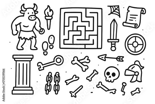 Minotaur Maze Adventure. Hand-drawn doodle illustration minotaur maze adventure minotaur, maze, torch, sword, shield, footprints,