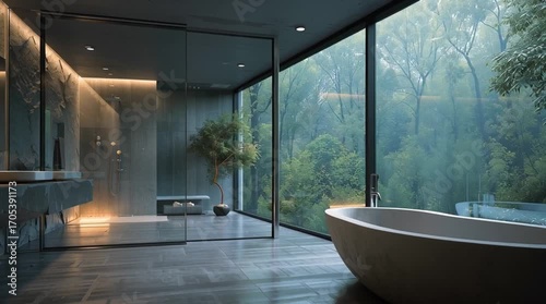 modern, minimalist, bathroom, interior, villa, luxury, design, architecture, home, bathtub, freestanding, glass, wall, window, view, forest, green, nature, contemporary, lifestyle, clean, sleek, stone