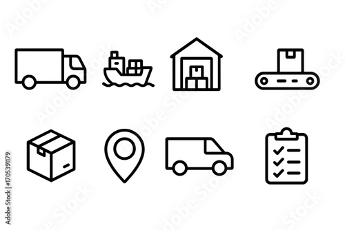 Supply Chain Icons. Outline icon set of supply chain: truck, cargo ship, warehouse, conveyor belt, package, GPS tracker, delivery