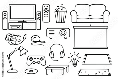 Home Theater Icons. Hand-drawn doodle illustration home theater setup TV, speakers, remote control, sofa, popcorn, DVD player,
