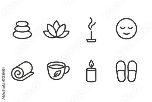 Relaxation Icon Set. Outline icon set of relaxation and steam: zen stones, lotus flower, incense smoke, calm face, towel roll,
