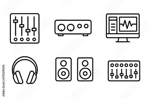 Sound Production Tools Icons. Outline icon set of sound pack production tools: mixer, audio interface, MIDI keyboard, DAW screen,