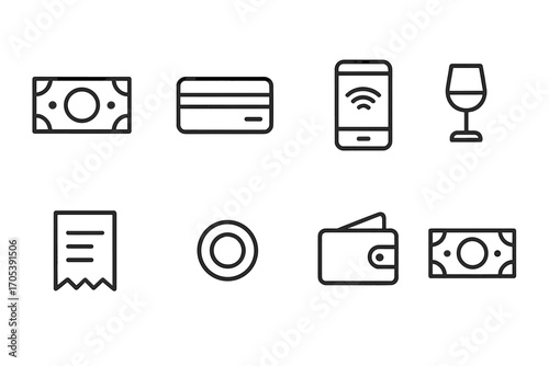 Payment Icon Set. Outline icon set of payment methods: cash, credit card, mobile pay, bar tab, receipt, coin, wallet, banknote.