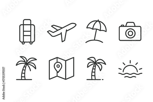 Anniversary Travel Icons. Outline icon set of anniversary travel and getaway: suitcase, airplane, hotel, beach umbrella, camera,