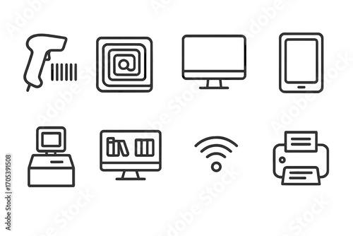 Library Tech Icon Set. Outline icon set of library technology: barcode scanner, RFID tag, computer, tablet, self-checkout, digital