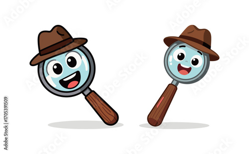 Two cute magnifying glass characters with happy faces and brown hats. Funny smiling tool mascots for searching.