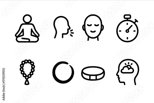 Meditation and Recovery Icons. Outline icon set of discipline in meditation and mindfulness: lotus pose, breathing, calm face,