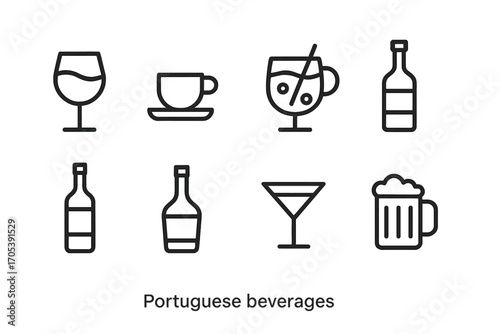Spanish and Portuguese Icons. Outline icon set of Spanish nature and wildlife: iberian lynx, cork oak, olive tree, Mediterranean