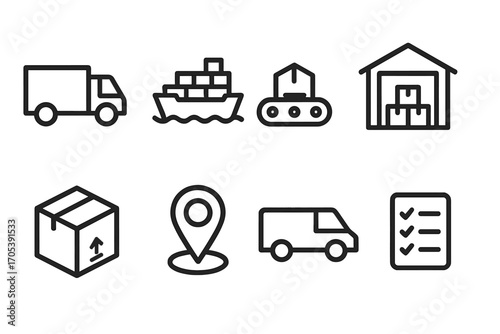 Supply Chain Icons. Outline icon set of supply chain: truck, cargo ship, warehouse, conveyor belt, package, GPS tracker, delivery
