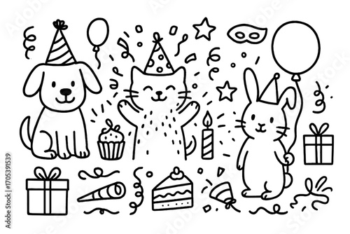 Pets' Birthday Party. Hand-drawn doodle illustration Pets celebrating birthdays in party hats dog with party hat, cat with