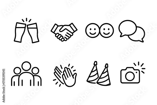 Social Drinking Icons. Outline icon set of social drinking: clinking glasses, handshake, smiley faces, chat bubbles, group of
