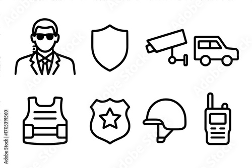 Presidential Security Icons. Outline icon set of presidential security: bodyguard, shield, security camera, armored car,