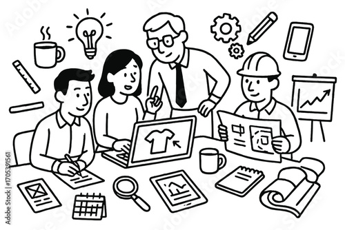 Creative Workstation Icons. Hand-drawn doodle illustration A team of professionals working on product development in a design