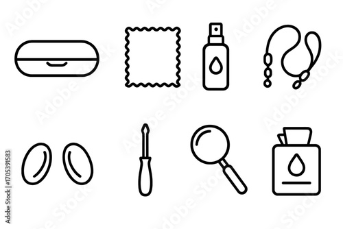 Reading Accessories Icons. Outline icon set of reading accessories: glasses case, cleaning cloth, lens spray, glasses chain, nose