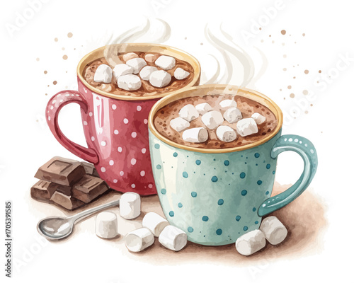 Watercolor hot cocoa mugs with marshmallows vector illustration 