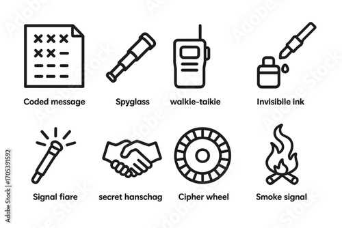 Secret Communication Icons. Outline icon set of secret communication: coded message, spyglass, walkie-talkie, invisible ink,