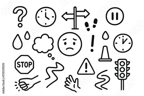Crossroads Doodle Icons. Hand-drawn doodle illustration hesitation question mark, clock, forked road, footprints, unsure face,