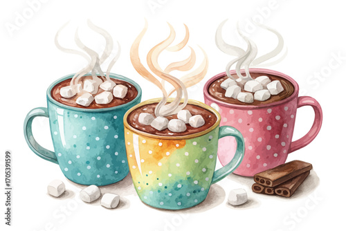 Watercolor hot cocoa mugs with marshmallows vector illustration 