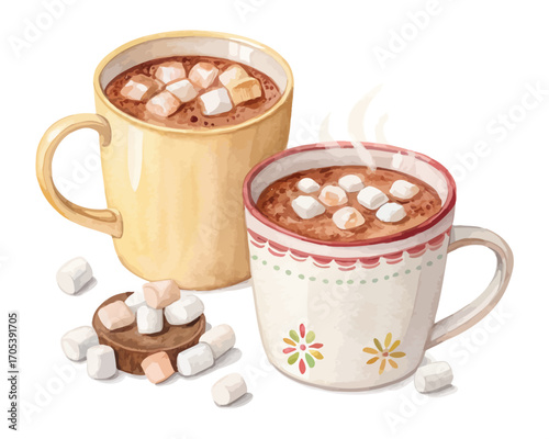 Watercolor hot cocoa mugs with marshmallows vector illustration isolated on white background