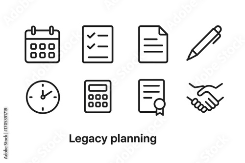 Legacy Planning Icons. Outline icon set of legacy planning: calendar, checklist, document, pen, clock, calculator, contract,