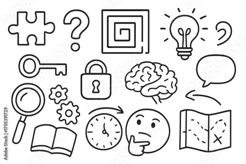 Puzzle of Thought. Hand-drawn doodle illustration conundrum puzzle piece, question mark, maze, light bulb, brain, key, lock,