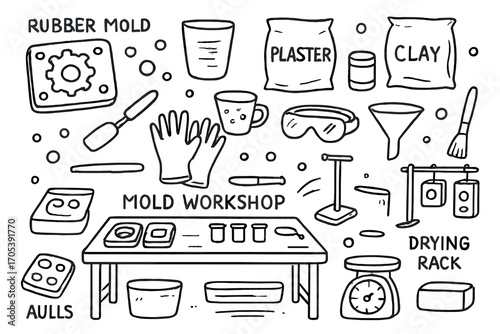 Mold Workshop Essentials. Hand-drawn doodle illustration mold workshop workbench, rubber mold, plaster, resin, clay, spatula,