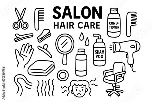 Salon Tools Doodle. Hand-drawn doodle illustration Salon hair care hairdresser scissors, comb, hairbrush, hair clips, shampoo