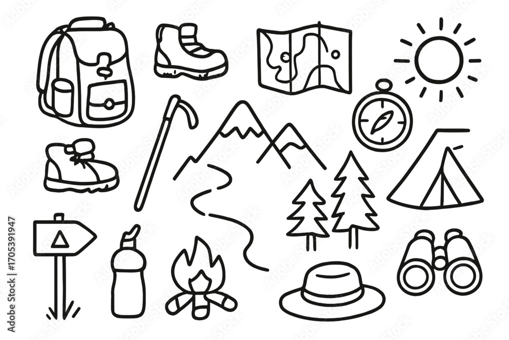 Fototapeta premium Hiking Adventure Icons. Hand-drawn doodle illustration hiking path trail, backpack, boots, walking stick, map, compass, tent,