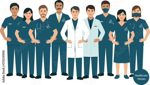 Group of healthcare workers standing together smiling happy