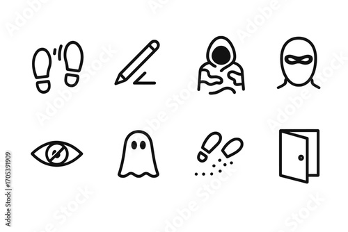 Stealth Icon Set. Outline icon set of stealth actions: silent footsteps, invisible ink, camo cloak, shadow mask, hidden eyes,