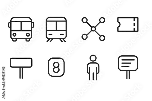 Public Transport Icons. Outline icon set of public transport route: bus, train, subway map, ticket, station sign, route number,