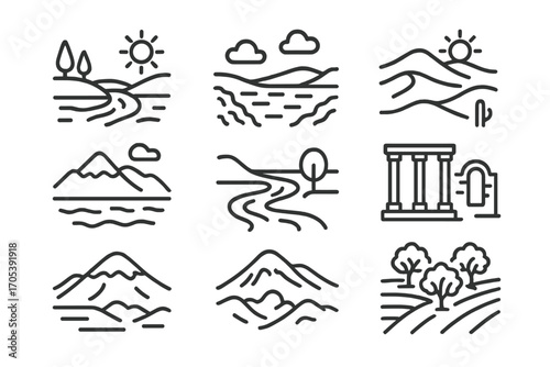 Syrian Landscape Icons. Outline icon set of Syrian landscapes: Euphrates River, Dead Sea, Syrian Desert, Coastal mountains,