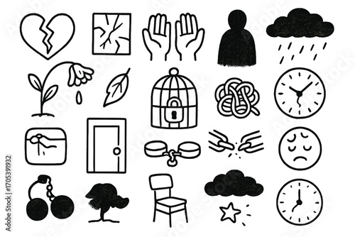 Symbolic Objects Doodle. Hand-drawn doodle illustration vulnerability cracked heart, broken glass, empty hands, shadow figure,