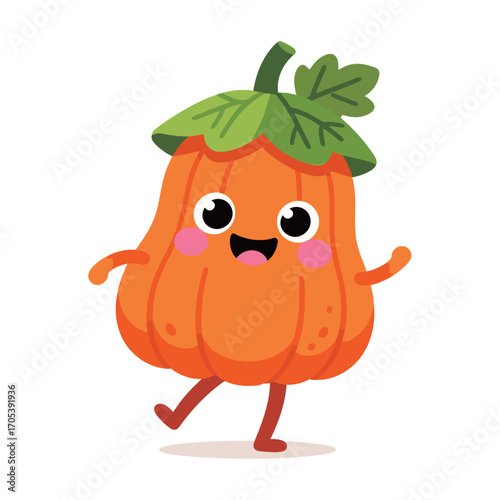 Cute cartoon pumpkin character with a happy face and a green leaf hat. Funny smiling vegetable mascot for autumn.