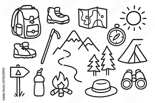 Wallpaper Mural Hiking Adventure Icons. Hand-drawn doodle illustration hiking path trail, backpack, boots, walking stick, map, compass, tent, Torontodigital.ca