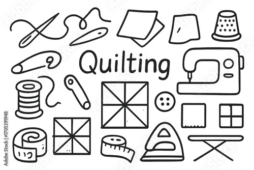 Quilting Tools Doodle. Hand-drawn doodle illustration Quilting tools and materials needle, thread, scissors, fabric scraps,