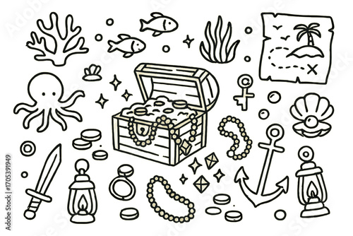 Sunken Treasure Doodle. Hand-drawn doodle illustration sunken treasure treasure chest, coral, gold coins, fish, anchor, map, key,