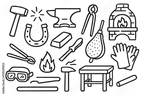 Blacksmith Tools Doodle. Hand-drawn doodle illustration blacksmith hammer, anvil, tongs, forge, horseshoe, metal ingot, bellows,